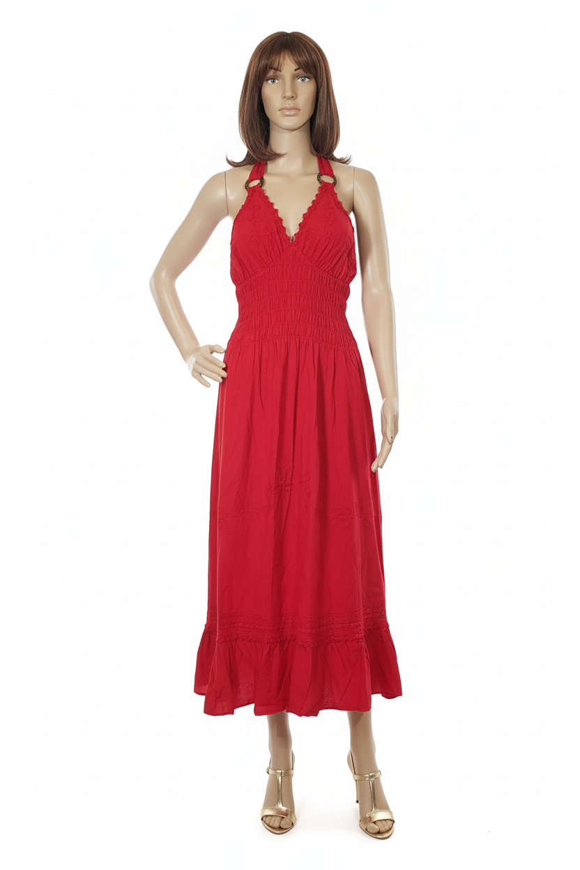 Coastal Halter Smocked Midi Dress – Red