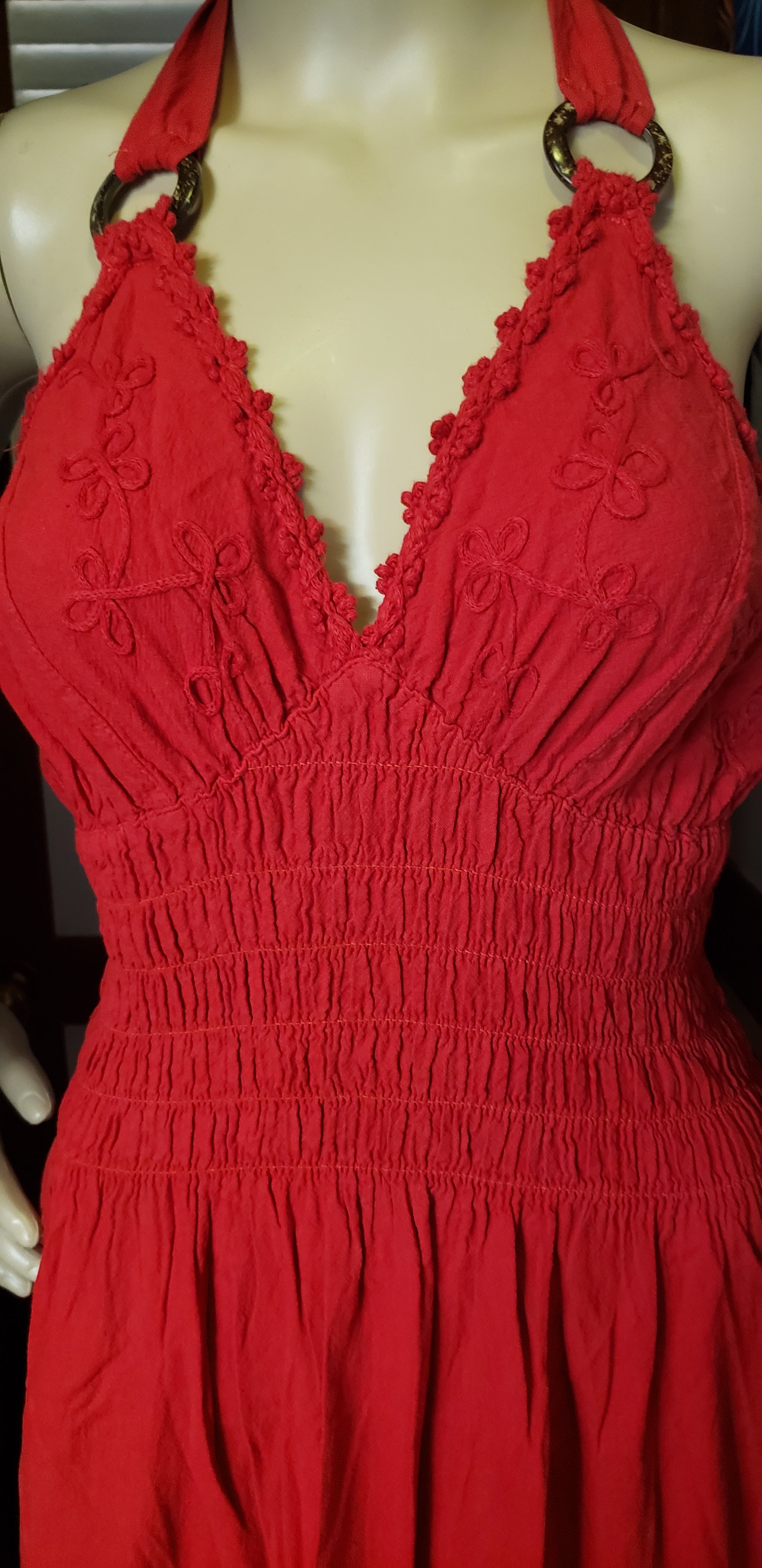 Coastal Halter Smocked Midi Dress – Red