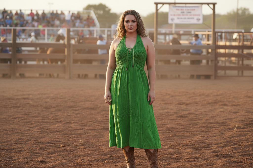 Mannequin at rodeo in green dress