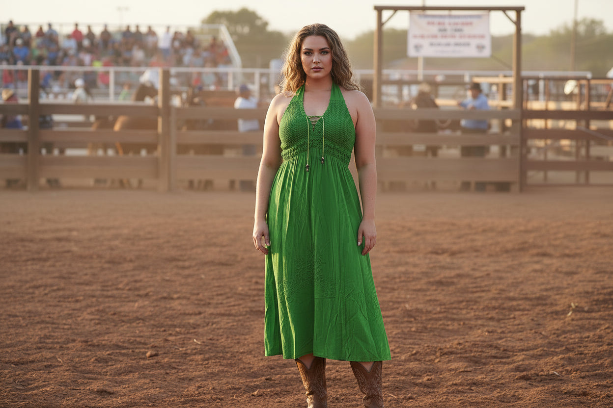 Mannequin at rodeo in green dress