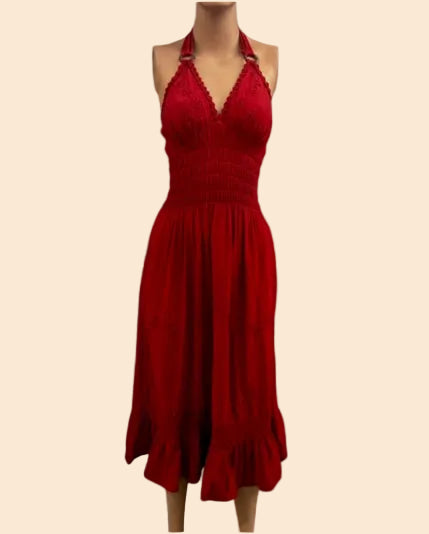 Coastal Halter Smocked Midi Dress – Red